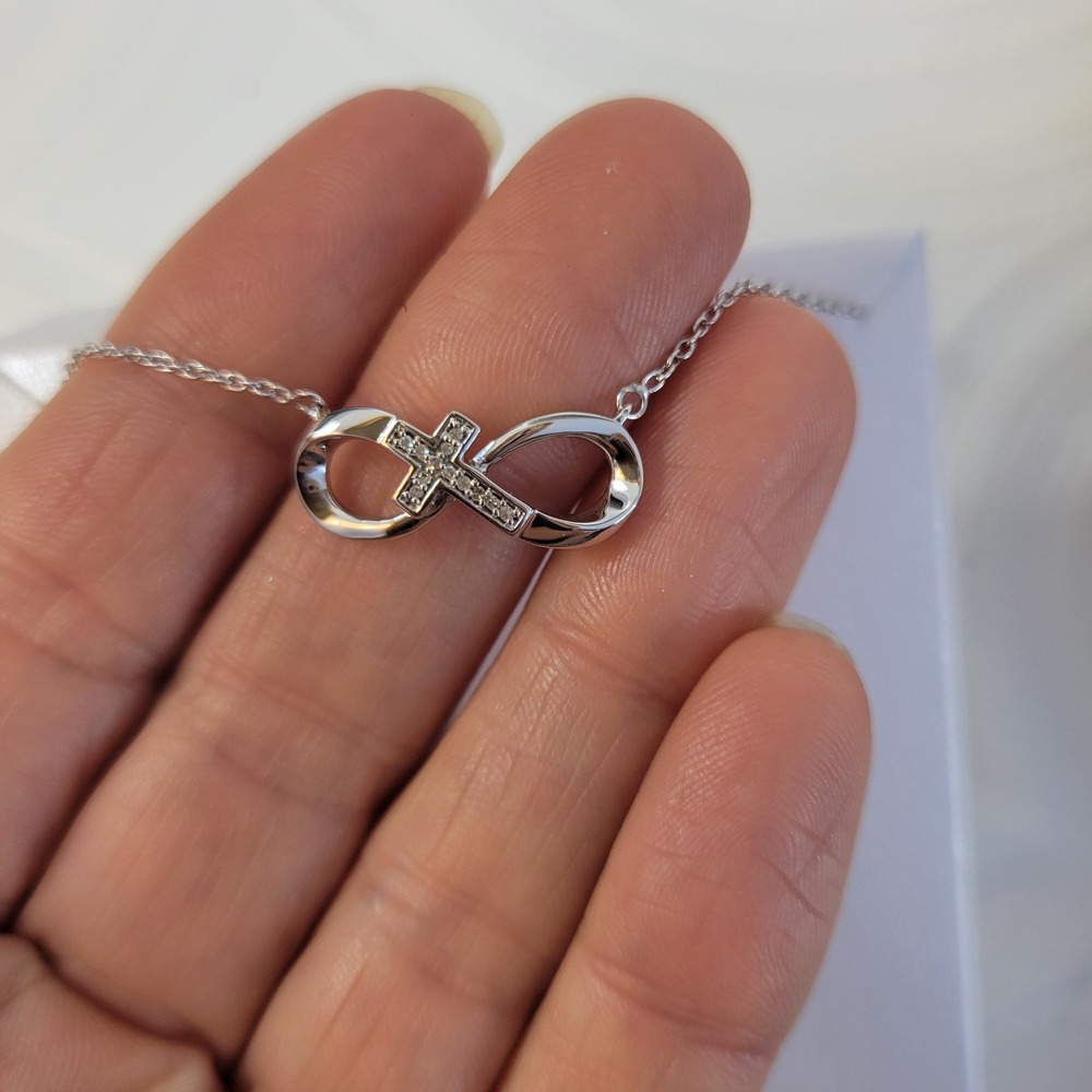 Sterling Silver Diamond Infinity Necklace Diamond Cross 18 Inch Adjustable Chain - Picture 5 of 10
